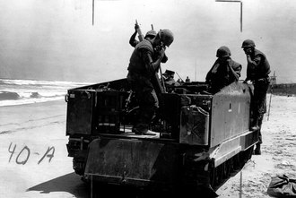 2nd Battalion 1st Marines fire an 81mm mortar from an M733 near Marble Mountains, 1970 A372904.tif