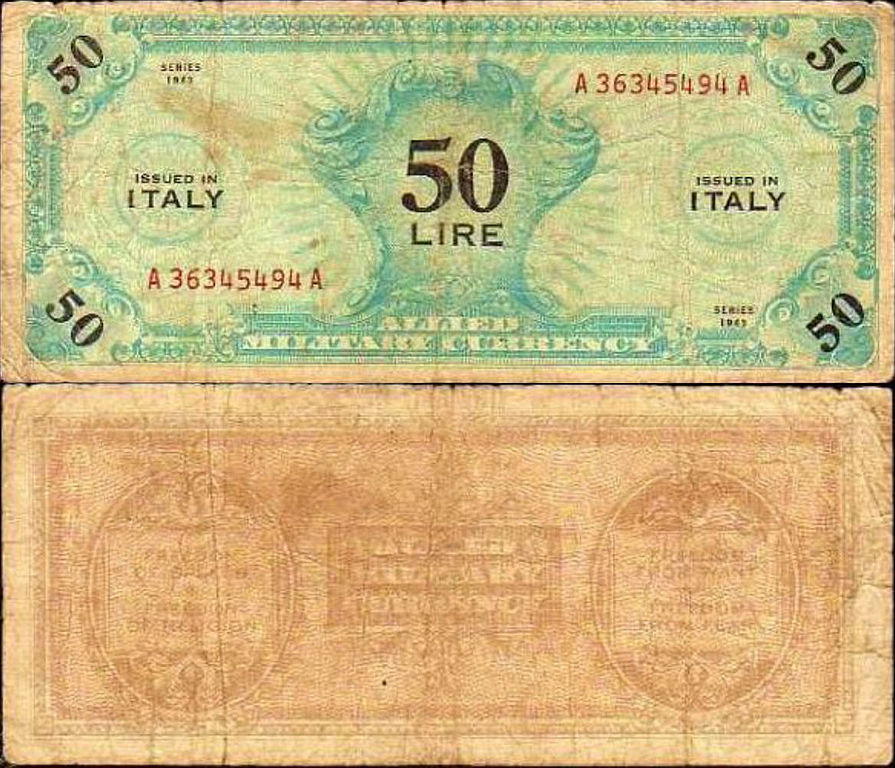 50 Lire 1943. 50 Марок Союзного военного командования. Военная валюта. AMC Italy.