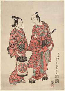 Woodblock cetak oleh Ishikawa Toyonobu dari aktor kabuki Nakamura Shichisaburō II dan Sanogawa Ichimatsu, menandatangani "Meijōdō Ishikawa Shūha Toyonobu zu", 1740-an.