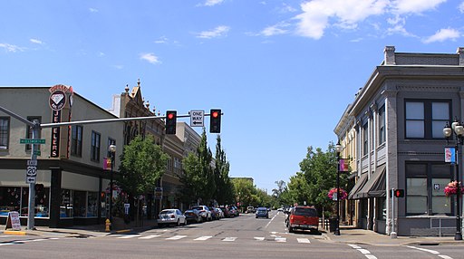 Albany, Oregon looking west down 1st Ave SW in the summer of 2014