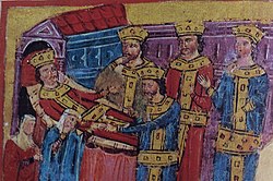 תמונה מימי הביניים המציגה את מותו של אלכסנדר הגדול; איור מהספר רומן אלכסנדר. הדמות במרכז היא פרדיקס המקבל את טבעת החותם של אלכסנדר הגדול