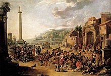 ディオゲネスが描かれたイタリアの港の市場の風景