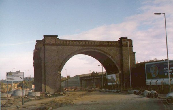 Remaining arch of viaduct over the A61 road in 1984.