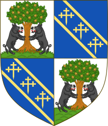 Arms of Knatchbull-Hugessen: Quarterly: 1st and 4th, argent, on a mount vert two boars erect respecting each other sable, their forelegs resting against an oak tree proper (Hugessen); 2nd and 3rd, azure, three crosses-crosslet fitchee bendwise between two bendlets or (Knatchbull) Arms of Knatchbull-Hugessen.svg
