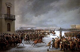 Life Guards Horse Regiment During the Uprising of December 14, 1825 at the Senate Square, by Vasily Timm Au service des Tsars - inv. ERZh-2379 - Attaque du carre des decabristes par le regiment des gardes a cheval le 14 decembre 1825.jpg