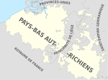 Map of the region of modern-day Belgium at the start of the period. The Austrian Netherlands was not contiguous and was bisected by the independent Prince-Bishopric of Liege. Austrian Netherlands map-fr.svg