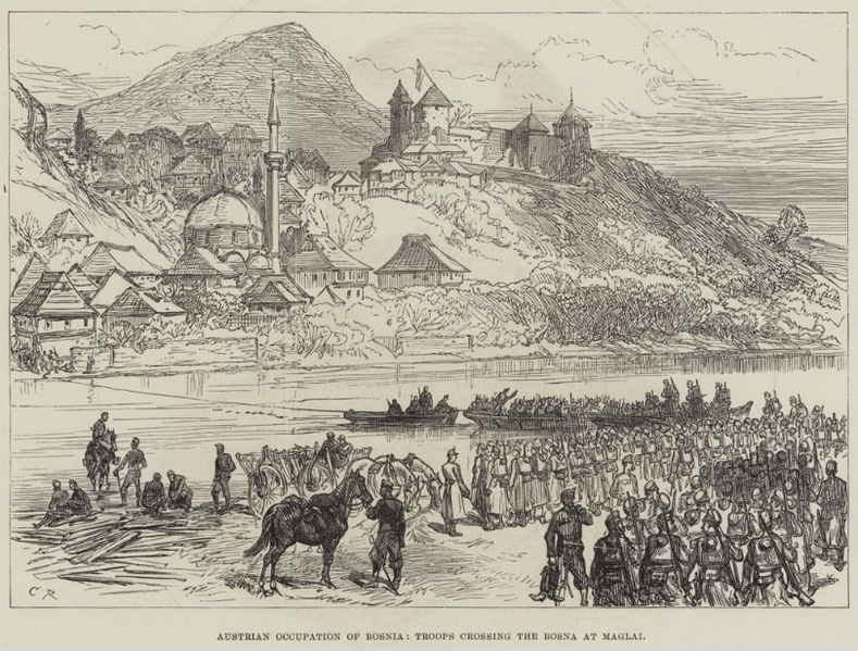 File:Austrian Occupation of Bosnia, Troops crossing the Bosna at Maglai - ILN 1878.png