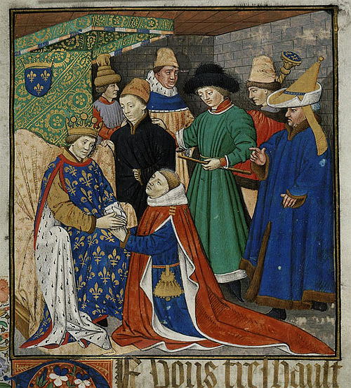 René, as a vassal, paying homage to the King of France.