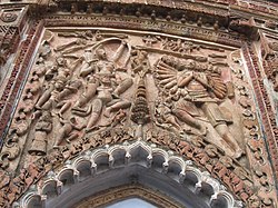 Terracotta relief at one of the Char Bangla Temples. It is shows the Last prayer of Ravana, the most famous among the wall-reliefs of Baronagar.