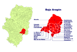 Lokasi Bajo Aragón di Aragón dan lokasi kota-kota di Bajo Aragón.