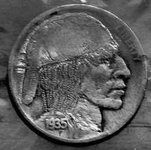 A hobo nickel, made from the Buffalo nickel Ball Cap Hobo Nickel2011crop.jpg