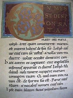 Page from the 11th century "Bamberg Apocalypse", Gospel lectionary. Large decorated initial "C". Text from Matthew 1:18-21 (Bamberg State Library, Msc.Bibl.140). BambergApocalypse06LargeInitialE.JPG