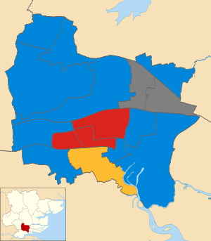 Map of the results of the 2008 Basildon council election. Conservatives in blue, Labour in red and Liberal Democrats in yellow. Wards in grey were not contested in 2008. Basildon UK local election 2008 map.svg