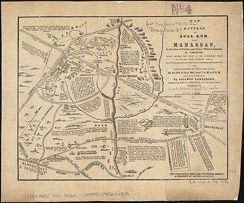 Map of battles on Bull Run, near Manassas on the border of Fairfax and Prince William County, fought between the forces of the Confederate States of America and of the Union Generals Beauregard and Johnston commanding the Confederate and General McDowell the United States forces, on July 21, 1861, from 7am to 9pm.[14]