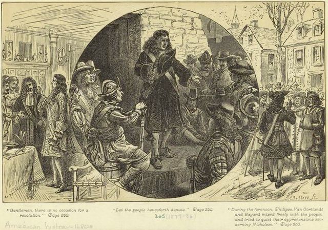 Depiction of New York City counsellors Van Cortlandt, Nicholas Bayard, and Frederick Philipse quieting crowds during Leisler's Rebellion