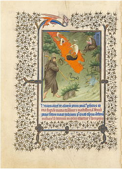 Folio des Belles Heures du duc de Berry :  Saint Antoine cherchant l'ermitage de saint Paul . Attribuée aux Frères de Limbourg, Paris, vers 1405-1409. Metropolitan Museum of Art, The Cloisters, 54.1.1, f.191v.