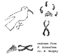 Croquis de pétroglyphes représentant un Grand Géocoucou et ses traces laissées au sol.