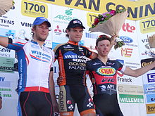 The 2014 podium (from left to right): Nicolas Vereecken (2nd), Rob Ruijgh (1st) and Oliver Naesen (3rd). Bonheiden - Memorial Philippe Van Coningsloo, 8 juni 2014, aankomst (C07).JPG