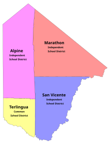 Map of Brewster County, Texas with school district boundaries Brewster Co TX School Districts.svg