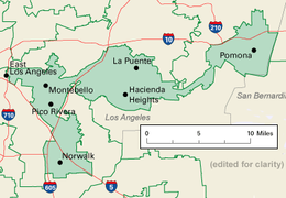 Carved out with the aid of a computer, this congressional district is a product of California's incumbent gerrymandering. This is the district of Democrat Grace Napolitano, who ran unopposed in 2004. CA-38 108 clip.png
