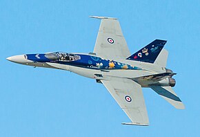 A Canadian McDonnell Douglas CF-18 Hornet in "special markings" used by the 2014 CF-18 Demonstration Team. CAFDay-27 (cropped).jpg