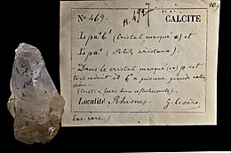 Calcite anotada com autógrafo de de Cesàro - Rhisnes, província de Namur, Bélgica.