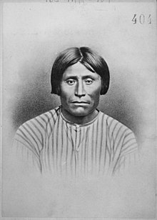 Kintpuash (Captain Jack), a Modoc leader in the Modoc War. Captain Jack (Kintpuash), a Modoc subchief, executed October 3, 1873, bust-length, full-face, 1873 - NARA - 533242.jpg