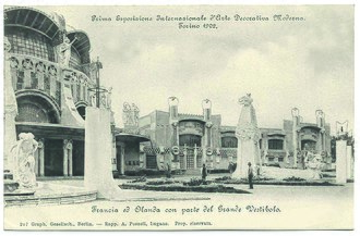 A postcard from the 1902 International Exhibition of Modern Decorative Art showing part of the Great Vestibule (on the left) and the pavilions of France and Holland Cartolina 1902 Torino.jpg