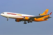 A Centurion Air Cargo McDonnell Douglas MD-11F landing at Amsterdam Airport Schiphol in 2011 Centurion Air Cargo McDonnell Douglas MD-11F Haafke.jpg