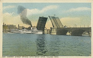 Image of the Cherry Street Bridge with drawbridges up from a postcard