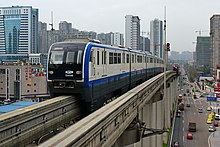 Chongqing Rail Transit has the longest and busiest monorail system in the world, Line 3 being the longest and busiest single monorail line. Chongqing Rail Transit Line 3 Monorail Train near Xuetangwan Station.jpg