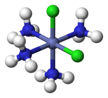 .mw-parser-output .template-chem2-su{display:inline-block;font-size:80%;line-height:1;vertical-align:-0.35em}.mw-parser-output .template-chem2-su>span{display:block;text-align:left}.mw-parser-output sub.template-chem2-sub{font-size:80%;vertical-align:-0.35em}.mw-parser-output sup.template-chem2-sup{font-size:80%;vertical-align:0.65em}
cis-[CoCl2(NH3)4]
The
NH3 and Cl groups form a coordination sphere around the central cobalt ion. Cis-dichlorotetraamminecobalt(III).png