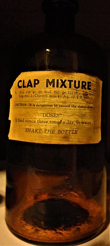 The ingredients of this Clap Mixture are sodium citrate, sodium bicarbonate, liquid extract of hyoscyamine and cloroform dissolved in water. Clap Mixture, Pharmacy Museum, New Orleans, LA.jpg