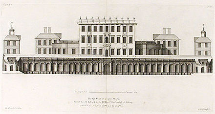The 1666 house. Only the arcaded terrace remains today. From Colen Campbell's Vitruvius Britannicus, c.1717.