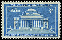 The 1954 Columbia University Bicentennial stamp depicts Low Library. Columbia University 200th Anniversary 3c 1954 issue U.S. stamp.jpg