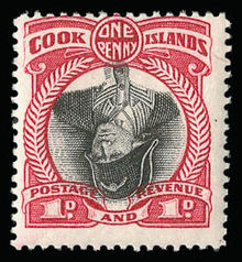 A 1933 stamp of the Cook Islands with the head of Cook inverted in error. Cook-islands-invertedcenter.jpg