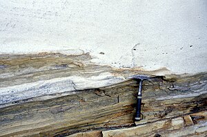 High-density turbidite (Bouma A, Lowe S1) cutting into low-density turbidites, Topatopa Mountains, California.