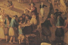 Détail du tableau d'Olivier PerrinLe champ de foire de Quimper. Hommes et enfants en costume de Quimper à la mode des années 1820.