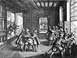 Gravură alb-negru din secolul al XVII-lea.  Scena are loc într-o sală a castelului din Praga.  În dreapta, un grup de indivizi îi aruncă pe alții pe o fereastră deschisă.  În centru, doi bărbați apucă pe altul și par să aibă aceeași soartă.  În spatele din dreapta camerei, vedem un al treilea grup care intră în cameră.