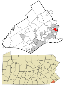 Delaware County Pennsylvania birleşik ve tüzel kişiliğe sahip olmayan alanlar Darby vurgulanmıştır.svg