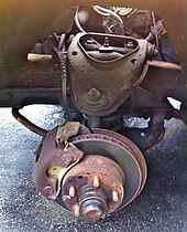 Front suspension and brake system on AMC Pacer with the rectangular open slots visible between the disc's friction surfaces Detail of - AMC Pacer - right front disc brake and suspension system.jpg