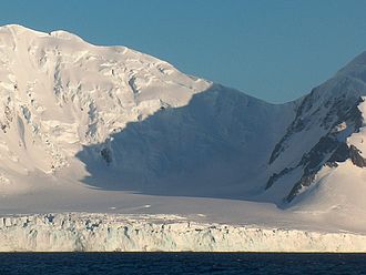 View of the Devin Saddle from Bransfield Strait (front: Magura Glacier)