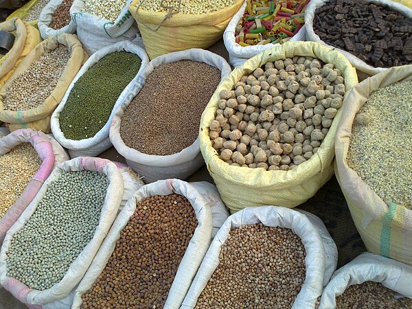 Various food grains at a market in India.