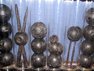 Different types of cannonballs recovered from the Vasa, sunk in 1628 Different types of cannon balls Vasa.jpg
