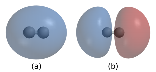 Covalent bonding of two hydrogen atoms to form a hydrogen molecule, H2. In (a) the two nuclei are surrounded by a cloud of two electrons in the bonding orbital that holds the molecule together. (b) shows hydrogen's antibonding orbital, which is higher in energy and is normally not occupied  by any electrons.
