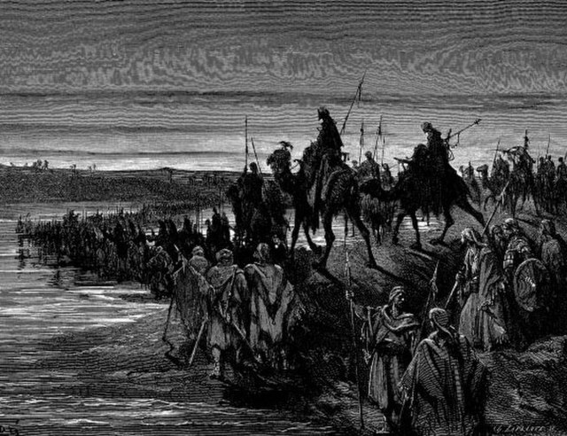 "The Children of Israel Crossing the Jordan", engraving by Gustave Doré. Moshe Weinfeld argues that in the Book of Joshua, the Jordan is portrayed as 