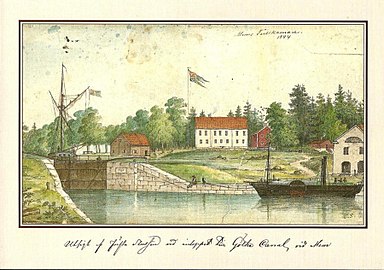 Utsikt af första slussen vid inloppet till Göta Kanal vid Mem, akvarell från Mems tullkammare 1844 signerad E. S.