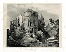 lithografie die de ruïnes van de ingang van het kasteel voorstelt