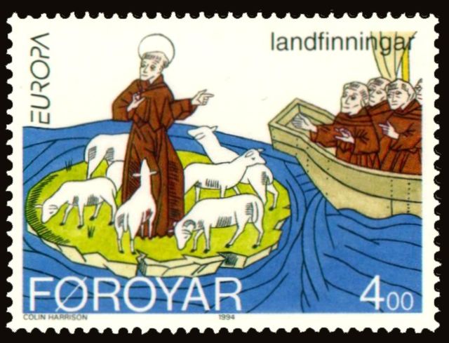 Faroese stamp depicting Saint Brendan, taking up the version that the island he discovered was in the Faroe Islands.