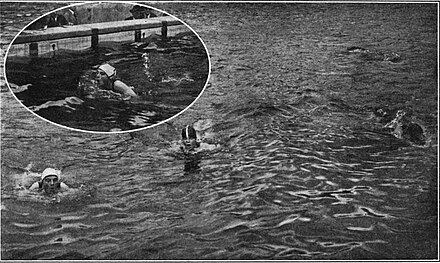 photographie noir et blanc de nageuses dans l'eau ; en insert : une nageuse dans l'eau